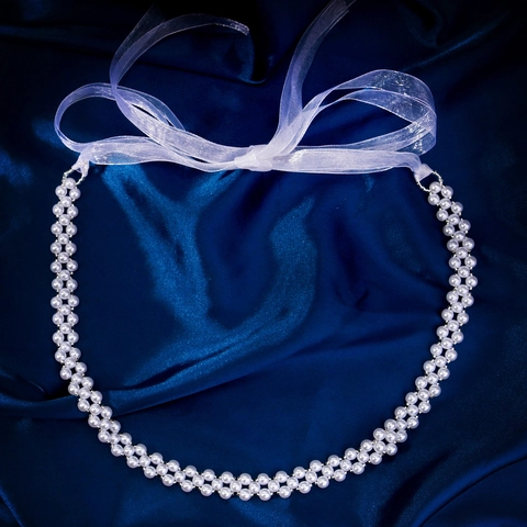 Elegante Catena in Vita a Doppia Fila di Perle Artificiali Cintura Con Perline Manuali e Nastro di Organza per Abito Sposa