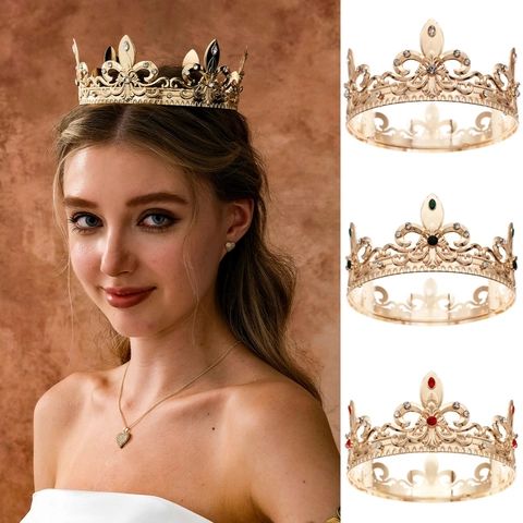 Vintage Baroque Gold Crown With Rhinestone Fleur De Lis Tiara For Wedding Halloween Cosplay Performance Unisex Party Accessories