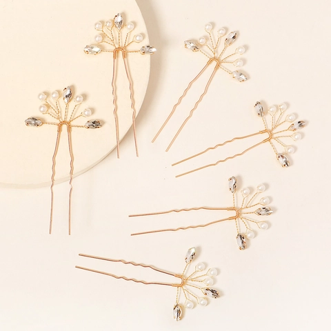 Elegant Alloy Artificial Pearl Rhinestone Hair Sticks Set Floral Leaf U-Shaped Bridal Hairpins For Wedding Party Women Jewelry