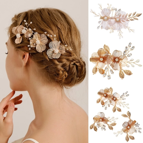 Handmade Metal Flower Petal Hair Clip Women Wedding Forest Vintage Rhinestone Artificial Pearl Bridal Hair Accessories