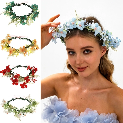 Guirlande de Fleurs de Simulation Faite à la Main Style Forêt Bandeau Couronne Florale avec Ruban Réglable pour Mariage Fête Vacances Femme Enfant Accessoires Cheveux