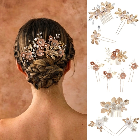 Combinazione Accessori Capelli Sposa Fatti a Mano Con Fiore in Lega Foglia di Metallo Perla Artificial d'Imitazione Strass Gioielli per Matrimonio