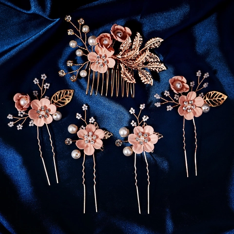 Combinazione Accessori Capelli Sposa Fatti a Mano Con Fiore in Lega Foglia di Metallo Perla Artificial d'Imitazione Strass Gioielli per Matrimonio