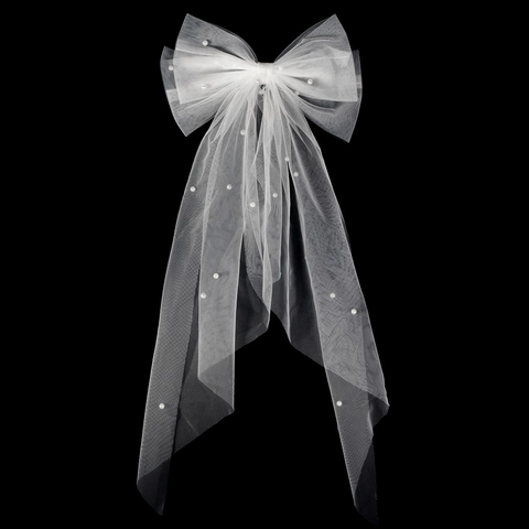 Velo de Novia con Lazo de Malla Blanca con Perlas Artificiales de Imitación Pinza de Pelo de Cinta Larga para Boda Compromiso Fiesta de Cumpleaños Tocado