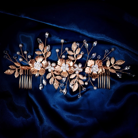 Peine de Pelo para Novia Dorado Clip de Flor Hoja Perla Artificial Diamantes de Imitación Boda Banquete Mujer Accesorios para el Pelo