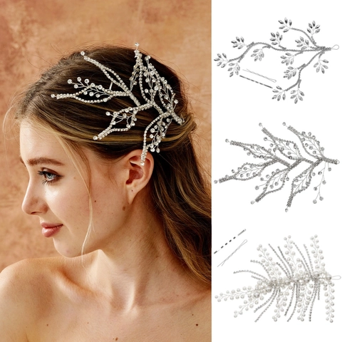 Luxury Handmade Bridal Hair Vine Silver Copper Wire Rhinestone Artificial Pearl Wedding Branch Headband For Women Jewelry