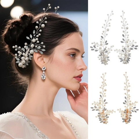 Handmade Artificial Pearl Hair Clip For Women Wedding Bridal Feather Leaf Design Gold Silver Rhinestone Hairpin Accessories