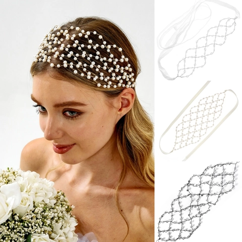 Diadema de Malla de Perlas Artificiales y Strass Hecha a Mano Bohemio Accesorios para el Cabello de Novia para Sesión de Fotos