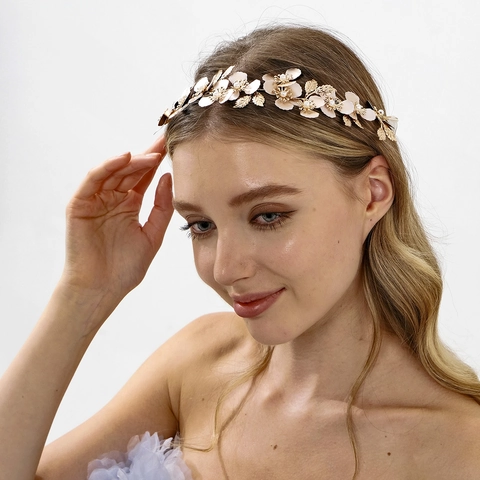 Fascia per Capelli da Sposa Vintage con Foglie d'Oro e Fiori Rosa Intrecciata a Mano in Lega e Perle Artificiali per Matrimonio Donna