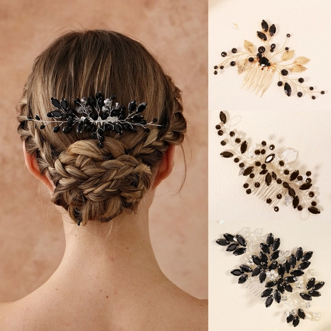 Handmade Black Rhinestone Bridal Hair Comb Crystal Artificial Pearl Branch Hairclip Vintage Gothic Wedding Party Headwear For Women