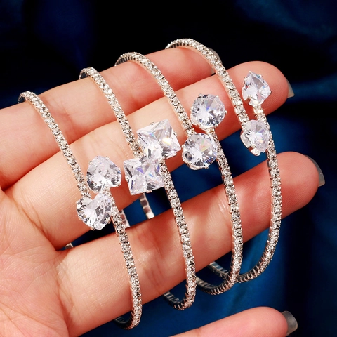 Adjustable Rhinestone Opening Bangle Bracelet Alloy Zircon Geometric Heart Square Bangle For Women Prom Party Jewelry