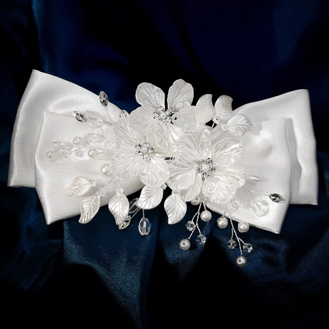 Molletta per Capelli Fiocco in Raso Bianco Francese Fatto a Mano Fiore in Acrilico Perla Artificial Strass Accessori per Sposa