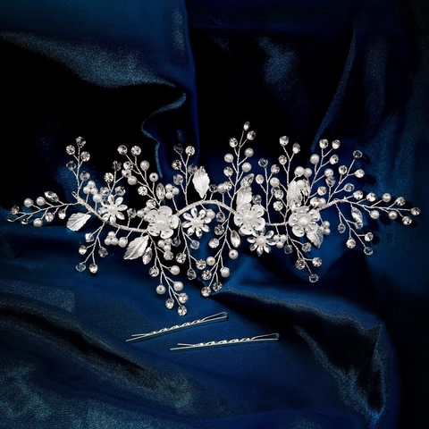 Tralcio per Capelli da Sposa in Argento Fatto a Mano Con Perla Artificiale Strass Fascia per Capelli per Matrimonio Donna Gioielli