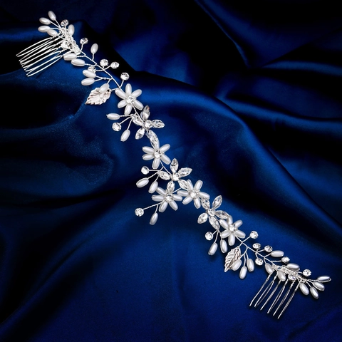 Enredadera de Cabello para Novia Hecha a Mano Diadema de Aleación Flor Perla Artificial Strass Accesorios para el Cabello de Boda Mujer