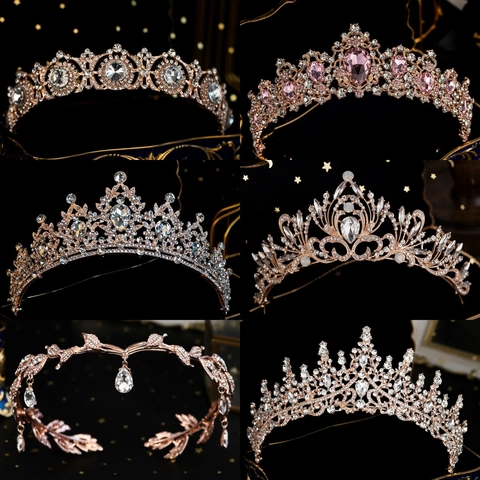 Elegante Corona Tiara de Oro Rosa para Mujer Tocado de Novia de Cristal con Diamantes de Imitación para Boda Cumpleaños Fiesta Accesorios para el Cabello de Princesa