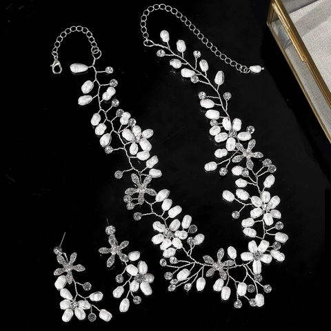 Handmade Artificial Pearl Necklace And Earrings Set Alloy Rhinestone Flower Bridal Wedding Jewelry For Women Formal Banquet Jewelry