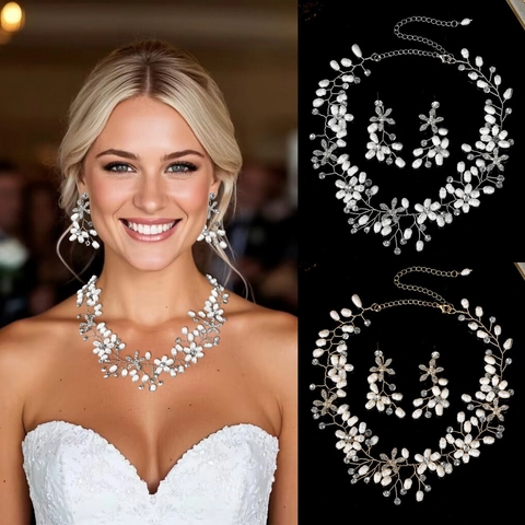 Handmade Artificial Pearl Necklace And Earrings Set Alloy Rhinestone Flower Bridal Wedding Jewelry For Women Formal Banquet Jewelry