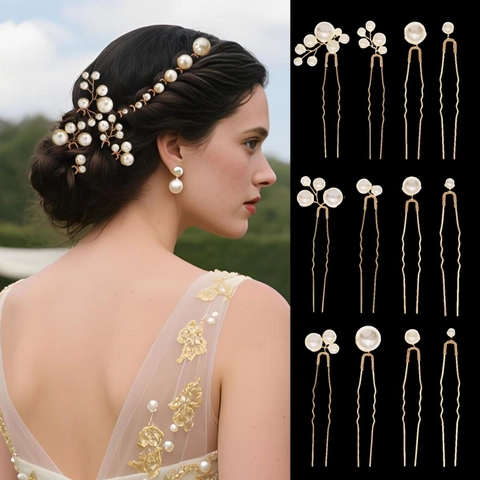 Imitation Artificial Pearl Hair Pins U Shaped Bridal Hair Clips Gold Alloy Hand Beaded Headpiece For Wedding Party Women Hair Jewelry