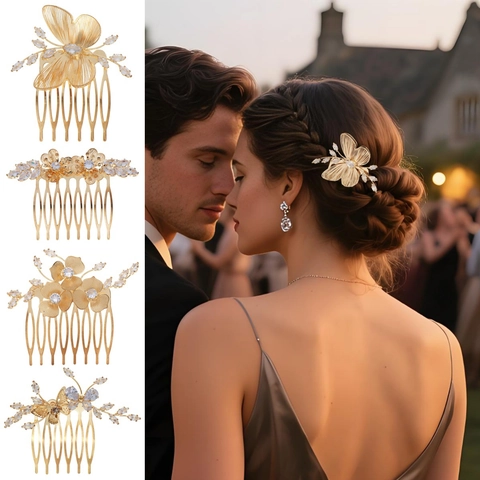 Pettine per Capelli da Sposa in Lega Dorata con Fiore e Farfalla in Zircone per Donna Accessori per Gioielli per Capelli da Banchetto