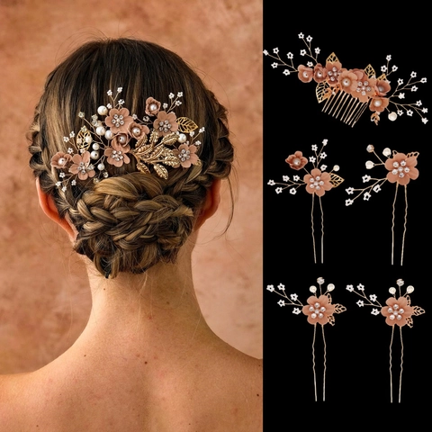 Colección Accesorios para el Cabello Novia Flor de Tela Rosa Hoja Aleación Oro Perla Artificial Imitación Strass Joyería Boda