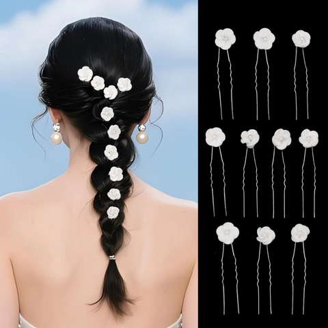 Forcine per Capelli Fatte a Mano in Pasta Polimerica Bianca Con Künstliche Perle a Forma di U In Metallo per Matrimonio Sposa Donna
