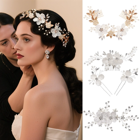 Bridal Flower Hair Comb Set White Acrylic Flower Artificial Pearl Rhinestone Handmade Wedding Hair Clip For Women Jewelry