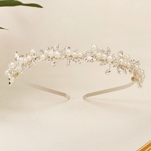 Diadema de Novia Hecha a Mano con Flores y Hojas Aleación Strass Perla Artificial Tocado para Boda Banquete Fiesta Mujer Joyería