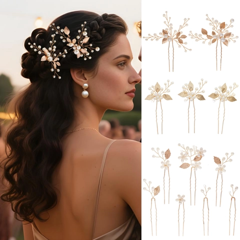 Juego de Horquillas para el Cabello de Novia Hoja de Oro Perla Artificial Pasadores en U para Mujer Accesorios Elegantes