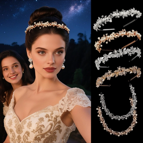 Diadema de Novia Hecha a Mano con Flores y Hojas Aleación Strass Perla Artificial Tocado para Boda Banquete Fiesta Mujer Joyería