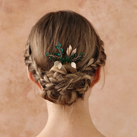 Vintage Wald-Stil Handgefertigte Goldene Blatt Grüne Perle Braut Haarkamm Gold Legierung Strass Hochzeit Party Haarschmuck