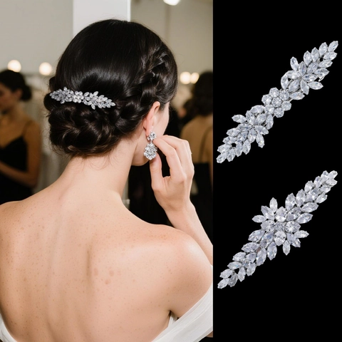 Elegante Zirconia Messing Haarclip Voor Dames Bruid Bruiloft Bloem Blad Styling Veerclip Luxe Haaraccessoire