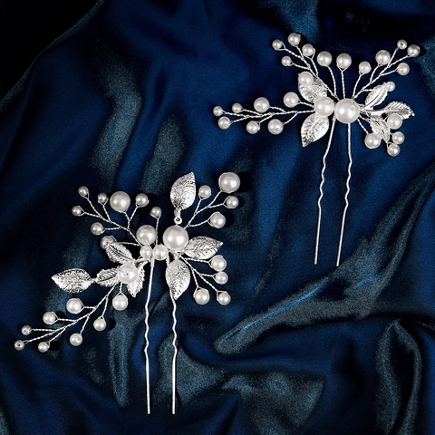 Bastoncino per Capelli Sposa Fatto a Mano Perla Artificiale Foglia di Metallo Forcine a U Eleganti Gioielli per Fotografia di Matrimonio Donna
