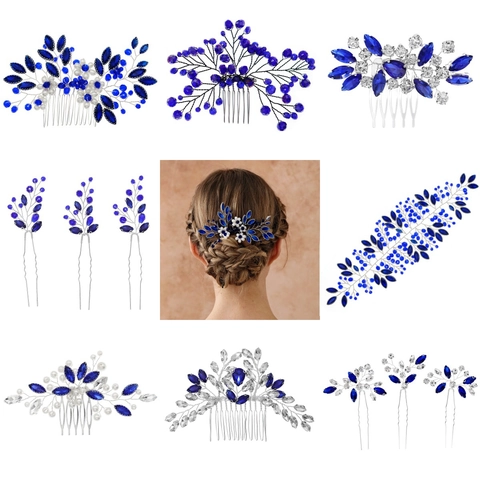 Elegante Pettine per Capelli da Sposa con Strass Blu Fatto a Mano Floreale con Perle Artificiali Accessori per Capelli Matrimonio Donna