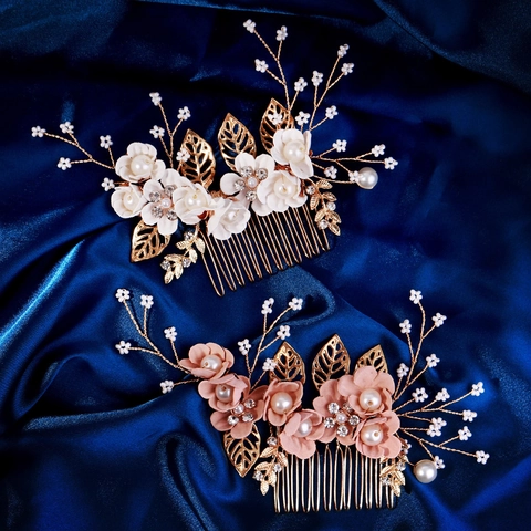 Pettine per Capelli da Sposa Fatto a Mano Fiore in Tessuto Perla Artificiale Strass Accessori per Capelli Matrimonio Donna