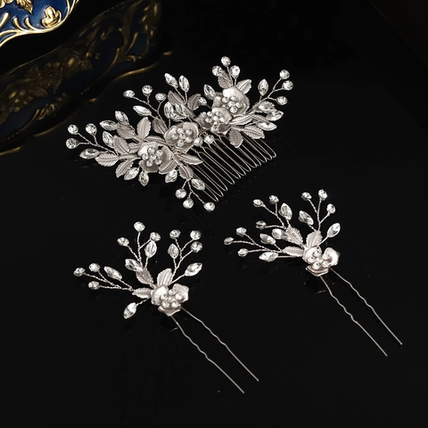 Gioielli per Capelli da Sposa Fatti a Mano in Lega Strass Perle Artificiali Fiori Foglie Pettine per Capelli Forcine per Matrimonio Festa Donna