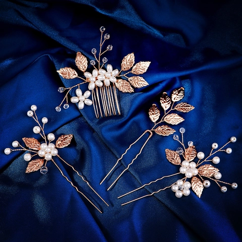 Handmade Bridal Hair Stick Set Gold Leaf Artificial Pearl Rhinestone Hair Comb And Hairpins For Wedding Party Women Jewelry