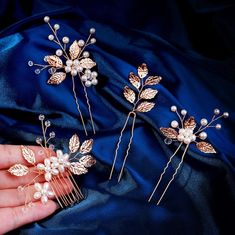 Handmade Bridal Hair Stick Set Gold Leaf Artificial Pearl Rhinestone Hair Comb And Hairpins For Wedding Party Women Jewelry