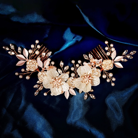 Peignes à Cheveux de Mariée en Alliage Or Rose Avec Fleurs en Acrylique Blanc Perles Artificielles Strass Coiffe Florale Fait à la Main Femme