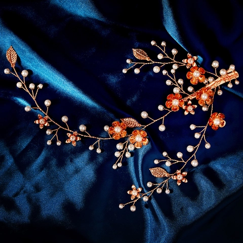 Fermaglio per Capelli da Sposa Floreale Oro Vintage Fatto a Mano Perla Artificiale Fiore Foglia Vite per Matrimonio Festa Donna Gioielli
