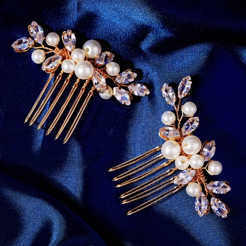 Peinetas de Flores de Zirconia Horquillas Oro Tocado de Novia Perla Artificial de Imitación Strass para Boda Fiesta Mujer Accesorios