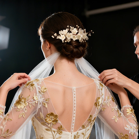 Elegante Pettine per Capelli da Sposa con Fiori in Resina e Künstliche Perle Artificiali Filo in Lega d'Oro Fatto a Mano Accessori per Capelli da Matrimonio