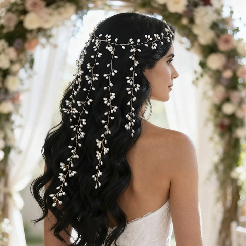 Enredadera de Pelo de Perlas Artificiales Hecha a Mano Tocado de Novia Alambre Aleación Oro Borla Larga Rama Accesorio de Pelo Boda Fiesta Mujer