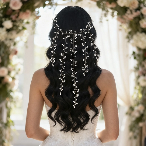 Enredadera de Pelo de Perlas Artificiales Hecha a Mano Tocado de Novia Alambre Aleación Oro Borla Larga Rama Accesorio de Pelo Boda Fiesta Mujer
