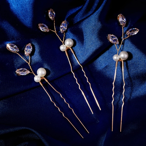 Handgefertigte Goldlegierung Zirkon Imitationsperle Blatt Zweig Haarnadeln Elegante U-Förmige Haarstäbe Damen Hochzeit Haarschmuck