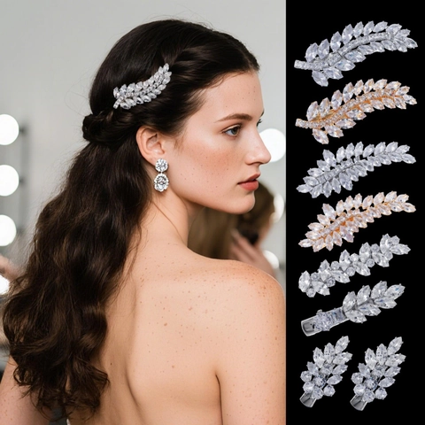 Fermaglio per Capelli in Zircone a Foglia di Lusso Rame Oro Argento Placcato Strass Sposa Matrimonio Accessori Capelli Donna Festa