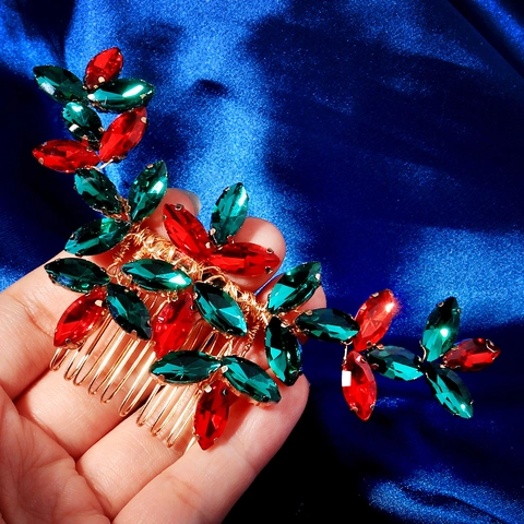 Handmade Christmas Party Hair Comb Red Green Rhinestone Leaf Gold Wire Woven Hairpin Festive Banquet Women Hair Accessories