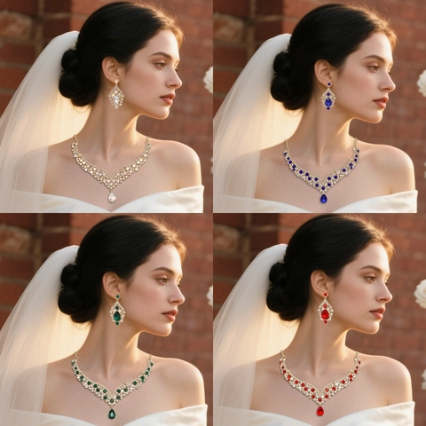 Luxury Waterdrop Rhinestone Necklace Earrings Jewelry For Women Wedding Bridal Prom Banquet Party Zinc Alloy Accessory