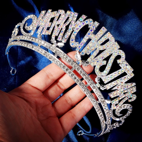 Kerstfeest Merry Christmas Letter Strass Diadeem Legering Kroon Voor Vrouwen Performance Hoofdband Goud Zilver