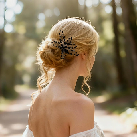 Gothic Schwarz Perlenbesetzt Blume Haarnadel Für Damen Vintage Legierung Glas U-Förmige Haar Gabel Für Halloween Abschlussball Party