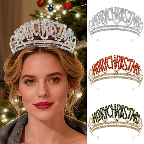 Kerstfeest Merry Christmas Letter Strass Diadeem Legering Kroon Voor Vrouwen Performance Hoofdband Goud Zilver
